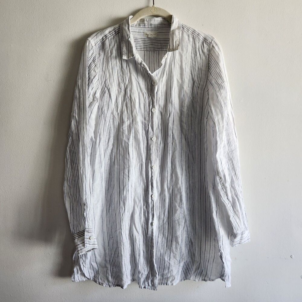 Garnet Hill Easy Linen Tunic Top White Blue Stripe Button Down XS beachy coastal